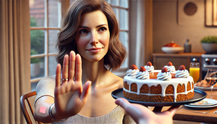 Imagen hiperrealista en pantalla panorámica de una mujer de unos 40 años, que dice con seguridad que no con la mano a un pastel que le ofrecen. Su expresión es tranquila y contenta, sin mostrar ansiedad, sólo satisfacción por su decisión de evitar el dulce mientras se concentra en quemar calorías y perder peso. El escenario es una cocina o un comedor modernos, con un ambiente cálido y acogedor. El lenguaje corporal y la expresión facial de la mujer transmiten claramente su determinación y felicidad por su elección saludable. https://www.elsuperparche.com/blog/ 